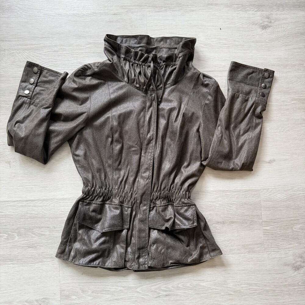 Della Spiga Italy Faux Leather Utility Jacket Brown Cinched Waist Women's Size 4 - Picture 4 of 13